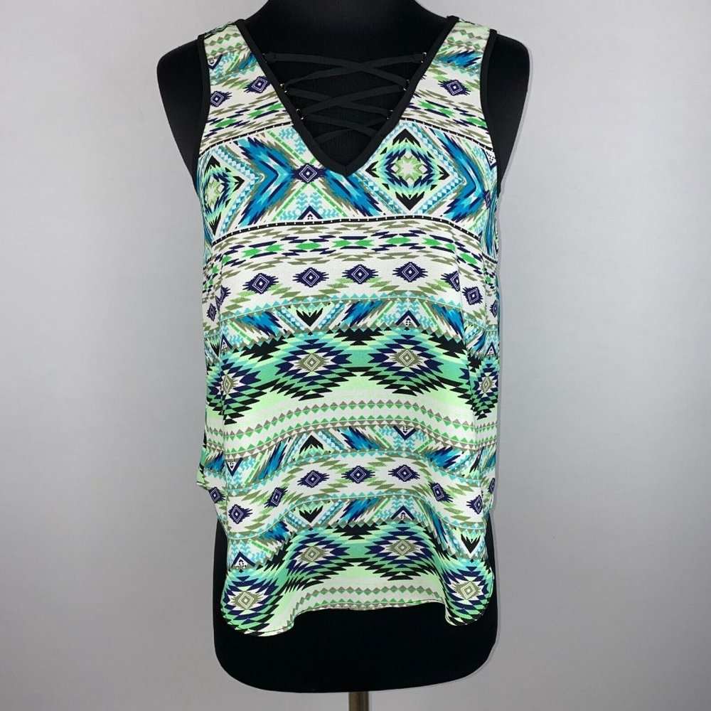 IZ Byer Juniors XS Criss Cross V-Neck Patterned Rounded Hem Tank Top Summer